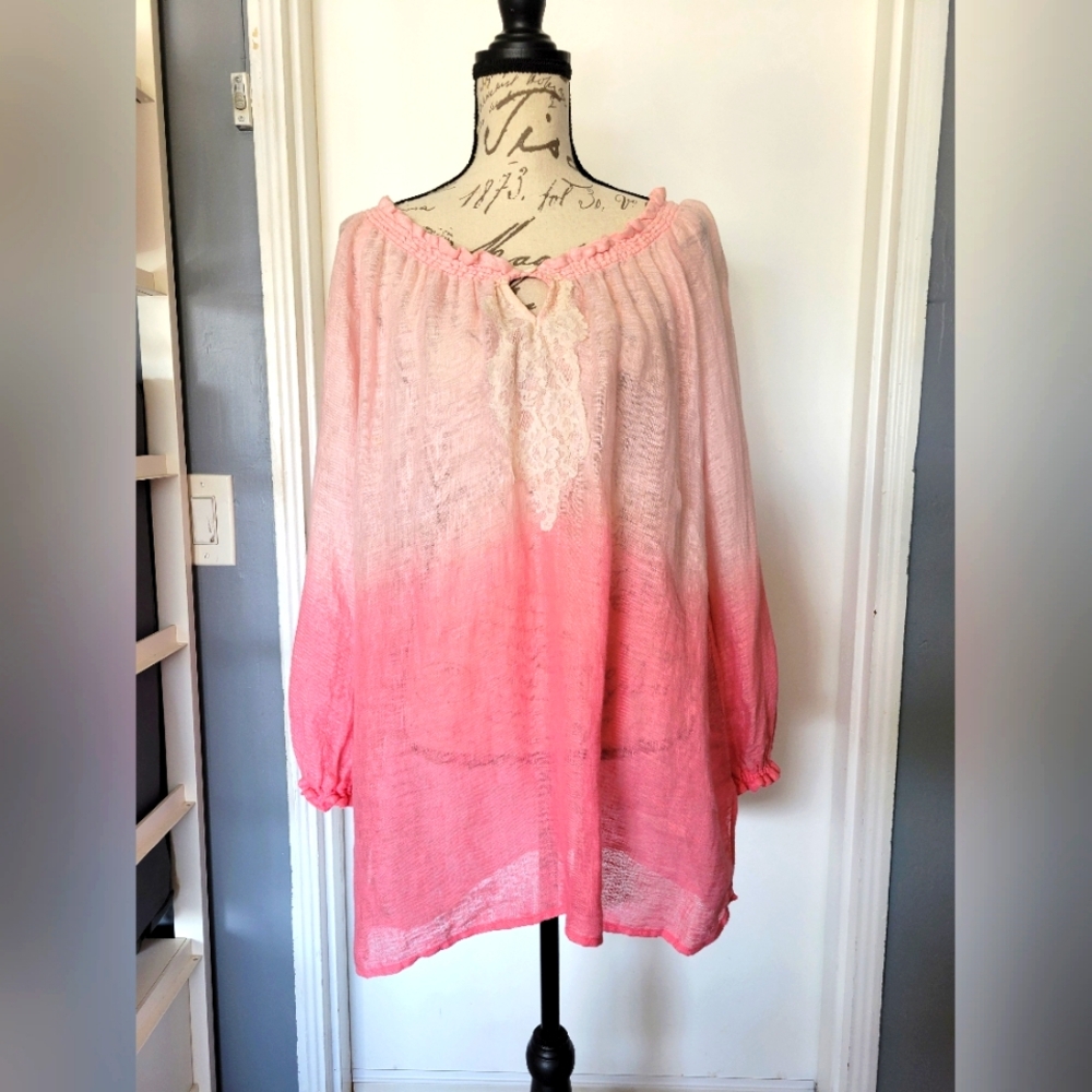 Chico's Ombre Pink 100% Linen‎ Crochet Tunic Top Blouse Size XL